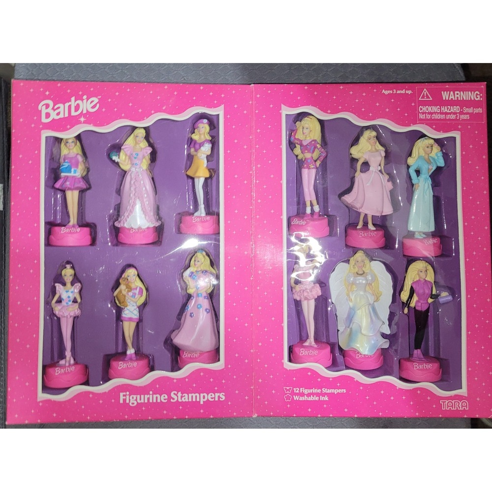Vintage 1997 Barbie Figurine Stampers 12 Piece Set Tara Toy 30296 Pink Box